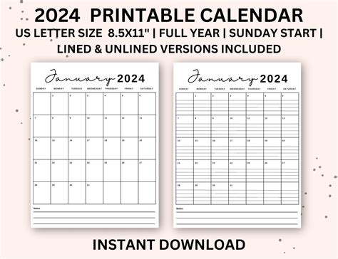 2024 Calendar Printable Portrait Monthly Calendar With Lines Monthly ...