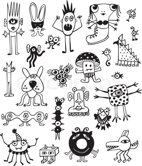 Collection of cute unusual monsters on white background. Hand drawn and vectored. | Stock Vector ...