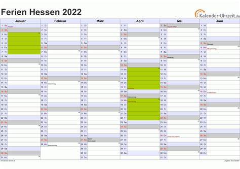 Ferien Hessen 2022 - Ferienkalender zum Ausdrucken