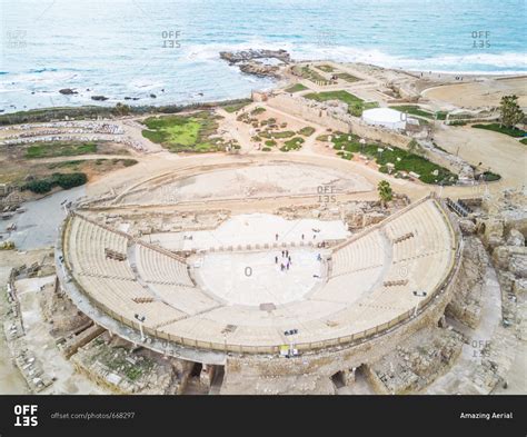 Aerial view of the Roman Amphitheater in Caesarea, Israel. stock photo - OFFSET