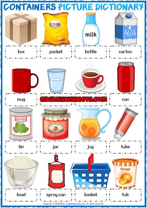 Containers ESL Printable Picture Dictionary For Kids | Picture dictionary, Dictionary for kids ...