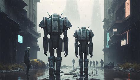 illustration painting of Robots back view on the streets of an ...