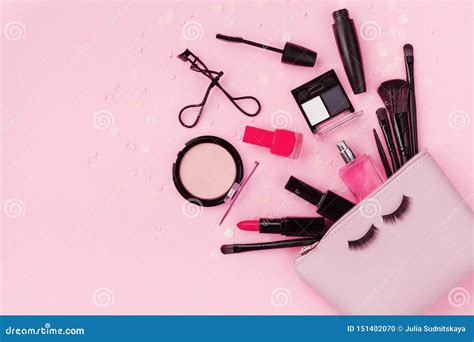 Woman Makeup Background with Beauty Products and Cosmetics. Top View on ...