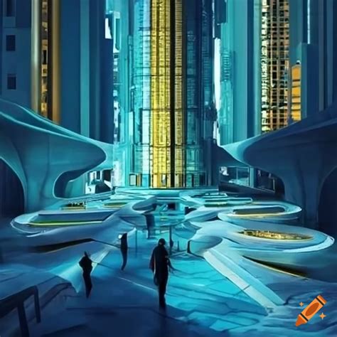 Futuristic city with complex yellow structures on Craiyon