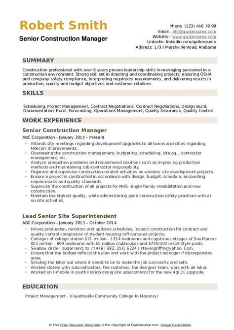 Construction Project Manager Resume Sample | Master of Template Document