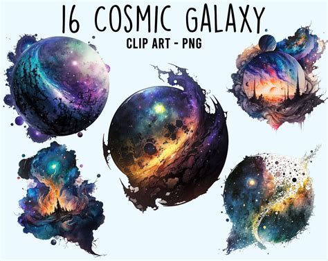 Watercolor Cosmic Galaxy Clipart Space Planets Stars Moon Digital Art ...