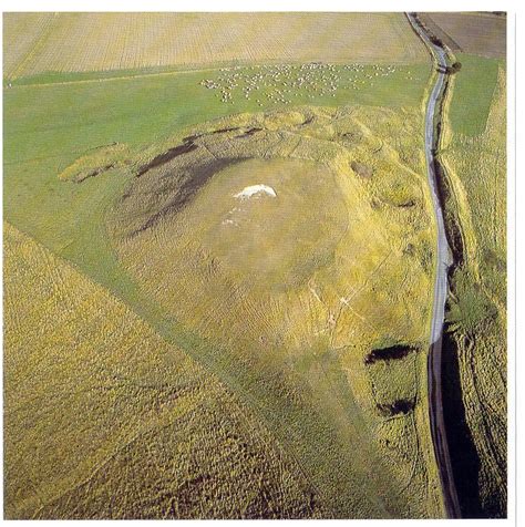 an aerial view of a grassy field with a river running through it