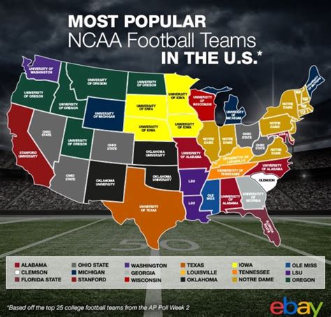 Map of most popular college football teams by state based on sales to ...