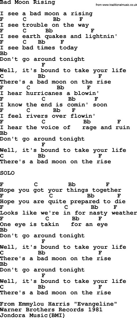 Emmylou Harris song: Bad Moon Rising, lyrics and chords