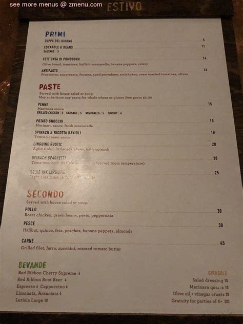 Menu at Girasole restaurant, Pittsburgh