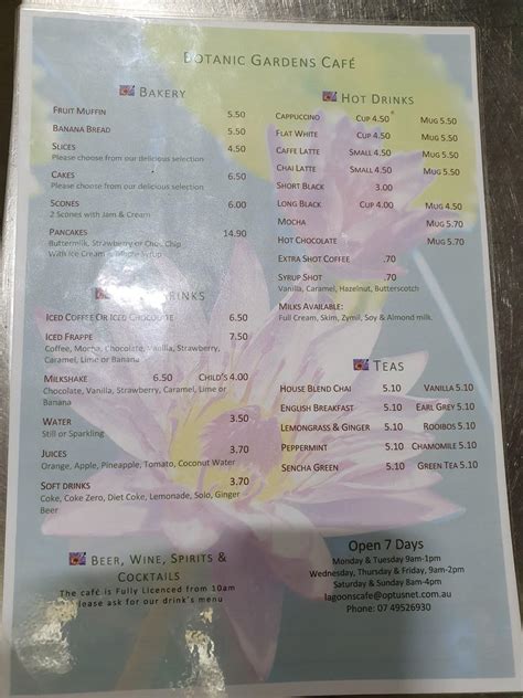 Menu at Botanic Gardens Cafe, West Mackay