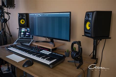 Home music studio setup with studio speakers on stands. On-desk studio ...