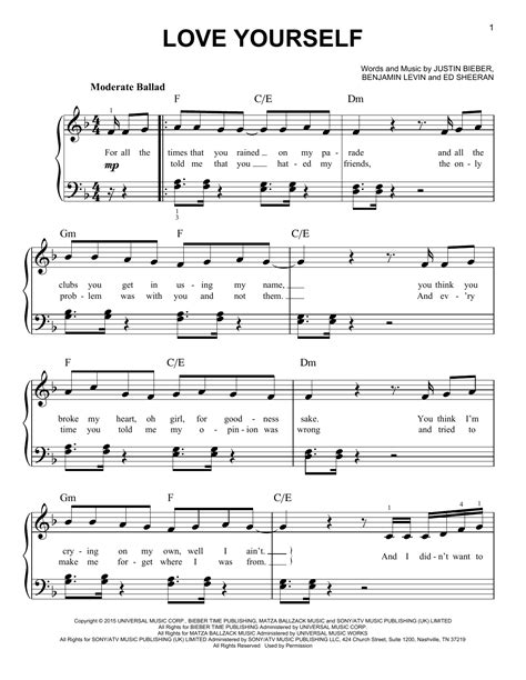 Love Yourself sheet music by Justin Bieber (Easy Piano – 164215)