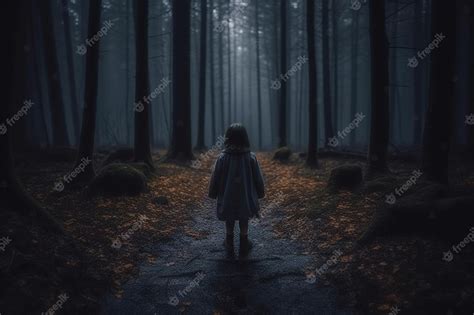 Premium Photo | Little girl walking in the dark mystery forest back ...