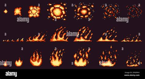 Pixel fire animation. Red hot flame, burning effect fire border and ...