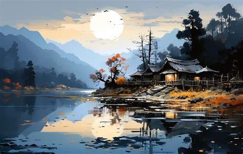 Premium AI Image | A painting of a barn in autumn is on the river