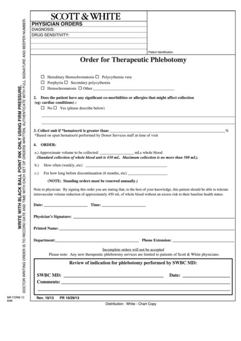 Fillable Order For Therapeutic Phlebotomy printable pdf download