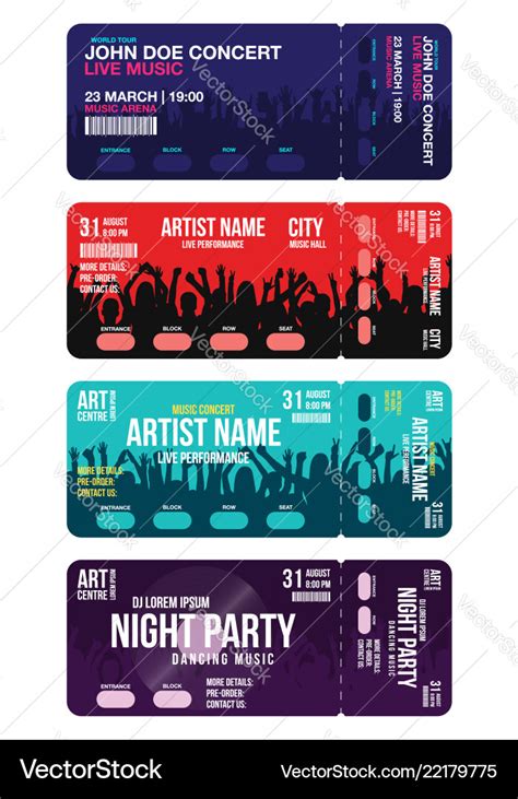 Set of concert ticket templates concert party Vector Image