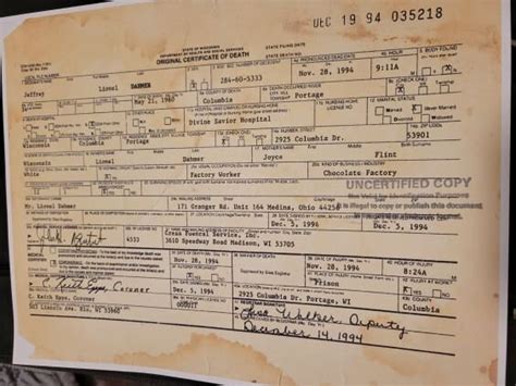 Jeffrey Dahmer Death Certificate DIGITAL DOWNLOAD. - Etsy