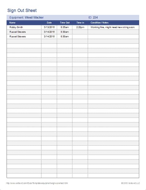 Printable Check In Check Out Sheet Template