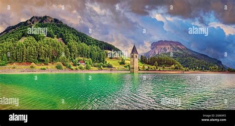 Church tower in Lake Reschen, Graun, Reschen, Trentino-Alto Adige, Italy Stock Photo - Alamy