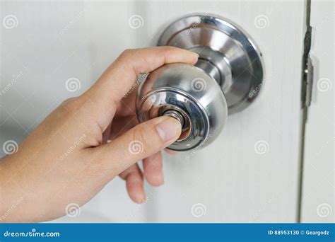 Hand Press Botton on Door Knob for Lock the Door Stock Photo - Image of ...