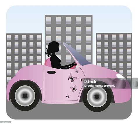 Silhouette Of Beautiful Girl Driving In Car Stock Illustration ...