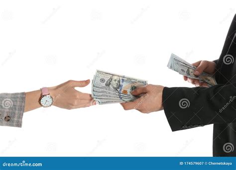 Man Giving Bribe Money To Woman on White Background, Closeup of Hands ...