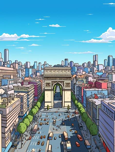 Premium AI Image | cartoon drawing of a city with a large arch and a lot of traffic generative ai