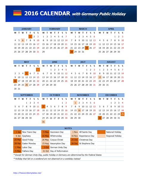 2016 Germany Public Holidays Calendar