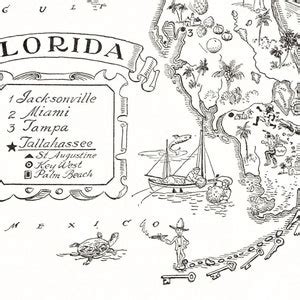 1950's FLORIDA Map Wall Art Print Animated Map of Florida - Etsy