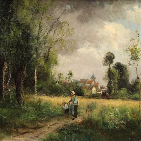 Proantic: French Painting Countryside Landscape With Characters From 1