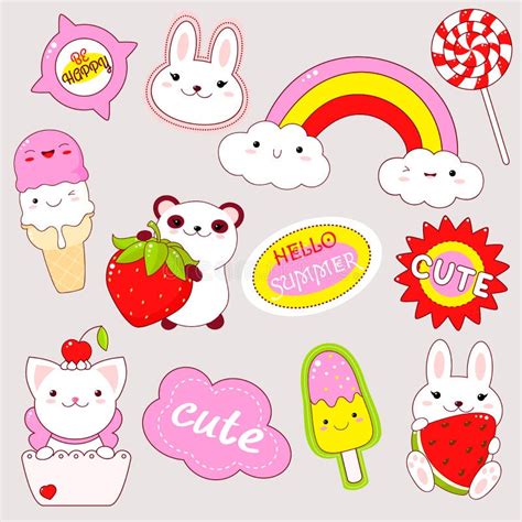 Set of Cute Stickers in Kawaii Style Stock Vector - Illustration of baby, happy: 117627829