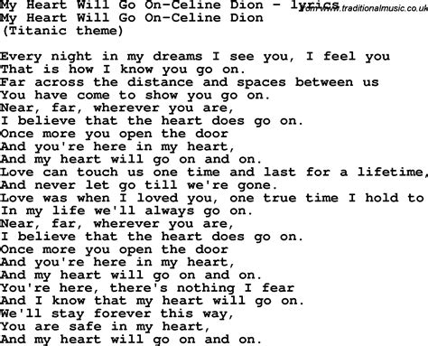 Love Song Lyrics for:My Heart Will Go On-Celine Dion