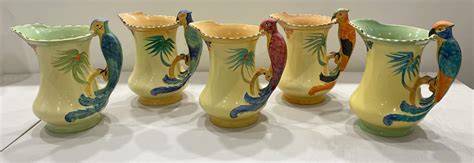 Lot - Five Burleigh Ware Parrot Glazed Pottery Jugs by Burgess & Leigh ...