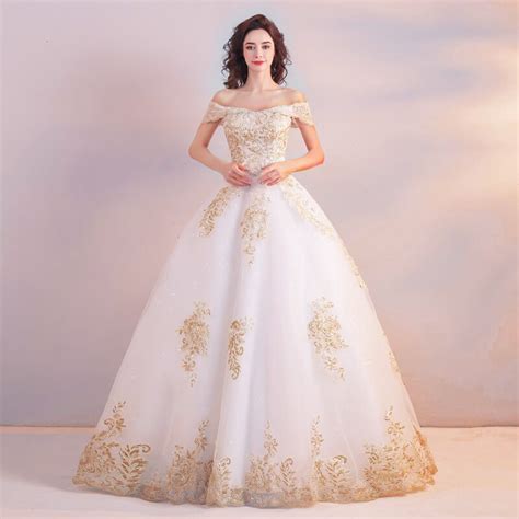 White And Gold Wedding Dress Princess Lace Bridal Dress