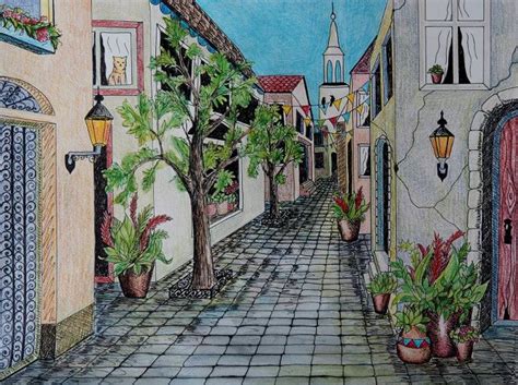 Single Point Perspective Drawing of a Street - Happy Family Art in 2020 | Point perspective ...