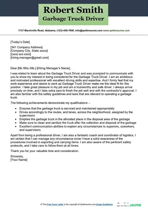 Garbage Truck Driver Cover Letter Examples - QwikResume