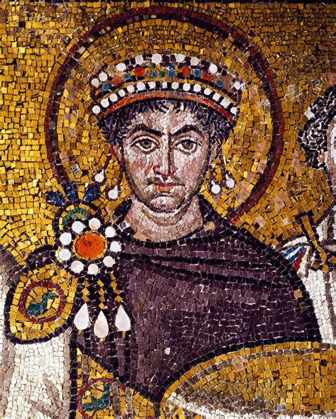 Byzantine Emperor Justinian I clad in Tyrian purple, contemporary 6th-century mosaic at Basilica ...