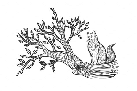 cat sits on a tree sketch vector | Animal Illustrations ~ Creative Market