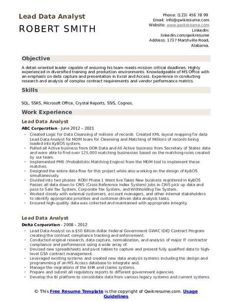 Lead Data Analyst Resume Samples | QwikResume