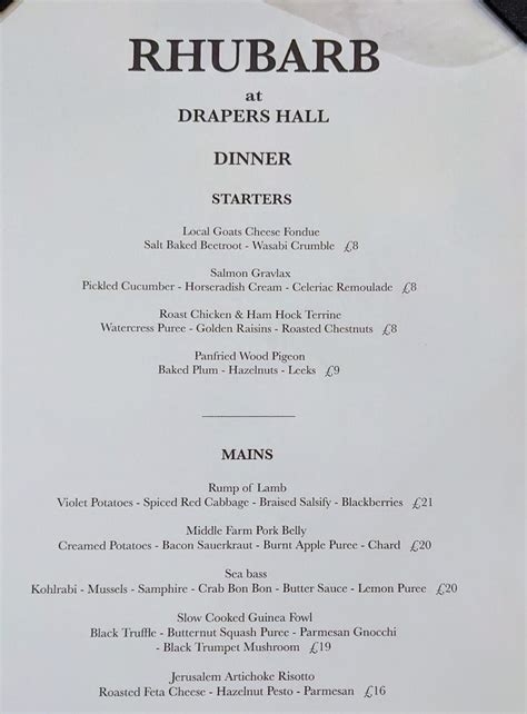 Menu at Rhubarb, Shrewsbury