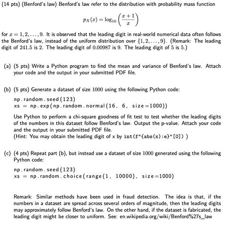 Solved (14 pts) (Benford's law) Benford's law refer to the | Chegg.com