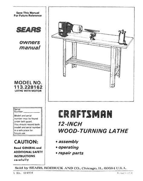 Craftsman 113228162 User Manual WOOD LATHE Manuals And Guides L0803531