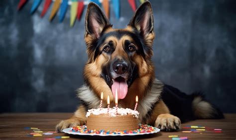 Premium AI Image | Happy birthday German Shepherd dog celebrating with cake and candles