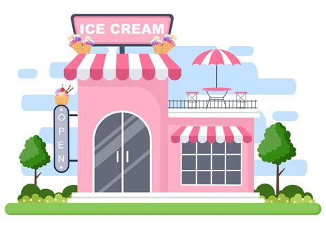 Ice Cream Shop Illustration With Open Board, Tree, And Building Store Exterior. Flat Design ...