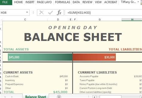 Opening Day Balance Sheet For Excel