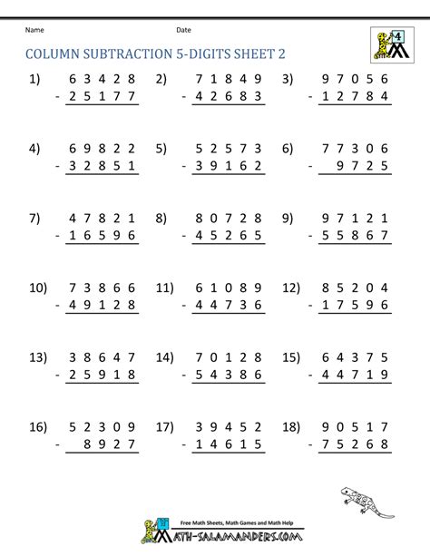 5 Digit Subtraction Worksheets