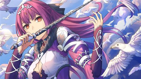 Long Hair Birds Gloves Clouds Purple Hair Wand Brown Eyes Anime Girls ...