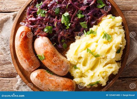 German Cuisine: Mashed Potatoes, Stewed Red Cabbage and Sausages Stock Image - Image of bavarian ...